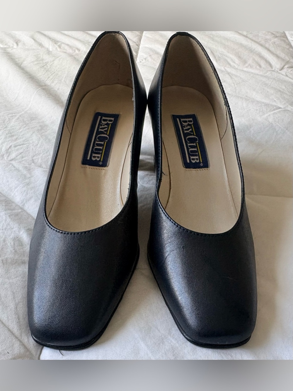 Vintage Bay Club Navy Leather Block Heel Pumps Square Oval Toe Size 5.5